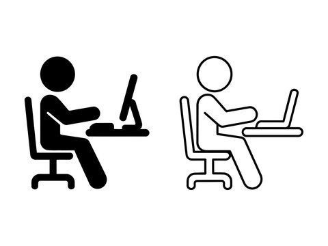 Set of two icons depicting people sitting at desks working with computers and laptops isolated on white background