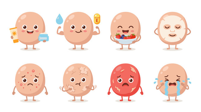 set of skin care icons with cute egg characters showing skin types and beauty routines, dermatology health, cosmetic treatments, face mask, acne