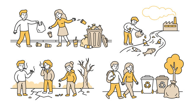 Set of simplified line illustrations depicting environmental issues and recycling, including littering, pollution from factories, and waste