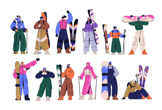 People with skis and snowboards, set. Skiers and snowboarders with winter sport equipment. Men, women, kid with skiing, snowboarding gear. Flat vector illustration isolated on white background.