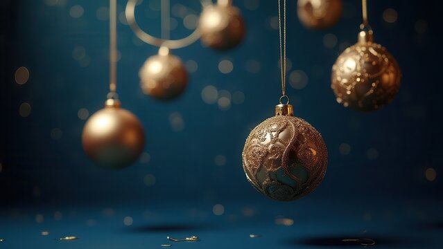 ornate gold champagne christmas ornaments falling in deep navy studio background perfect for elegant holiday advertising display