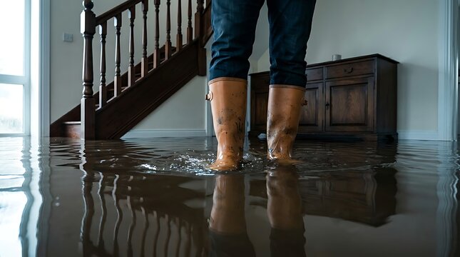 Person wearing dirty rubber boots standing in flooded living room interior with water damage and brown furniture near wooden staircase during house emergency crisis.