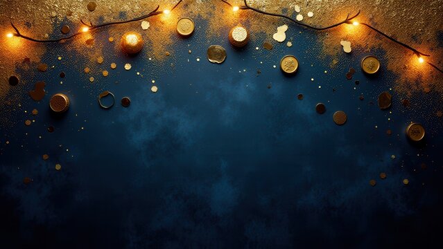 opulent midnight blue and black velvet flat lay with antique gold leaf and glitter for sophisticated christmas design backdrop
