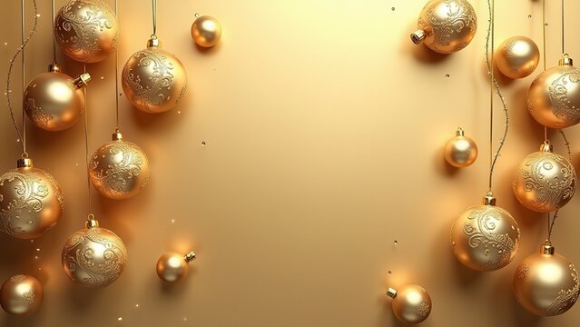 overhead flat lay of ornate falling golden christmas ornaments with rococo scrollwork against matte gold backdrop for holiday marketing material