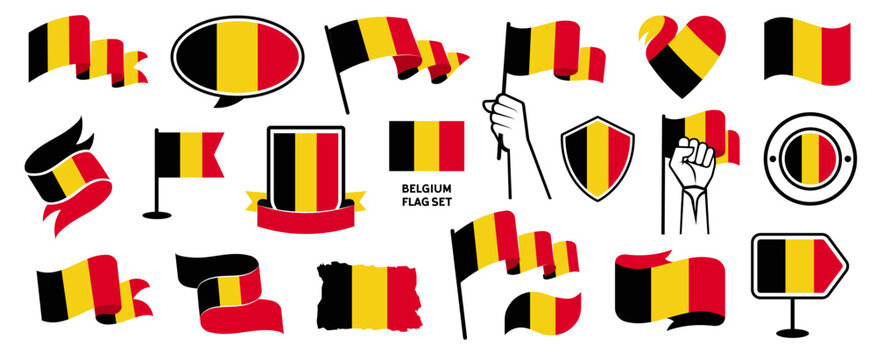 Belgium Flag Set in Different Styles with Ribbons Belgian Design Elements