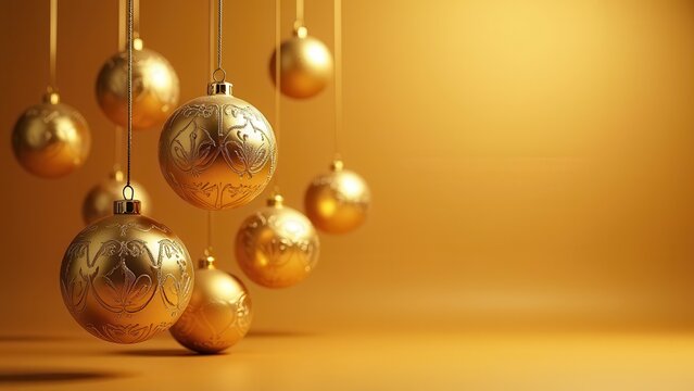 falling luxurious gold baroque christmas ornaments studio shot banner backdrop for elegant holiday sale advertising