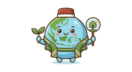Naklejka premium Cartoon earth mascot in traditional Indonesian dress with seedling.