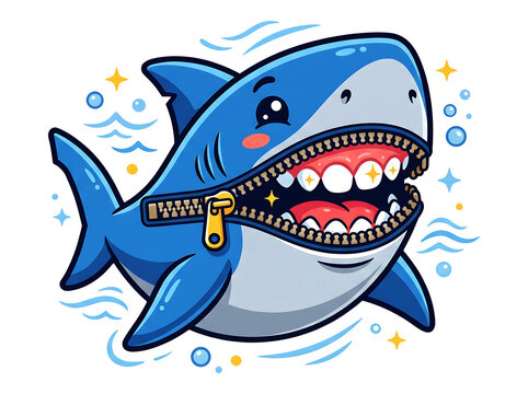 Cute cartoon shark with zipper mouth revealing shiny teeth, ocean animal character.