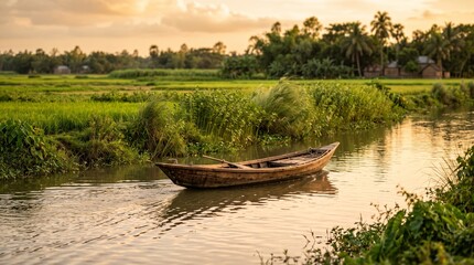 Fototapeta premium Traditional wooden boat on calm river at golden hour in rural Bangladesh