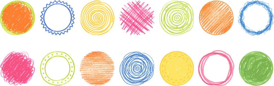 Hand drawn colorful circle frames, set of 14 sketch round borders, vibrant crayon scribble textures for creative design projects and scrapbooking