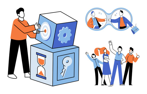 People working with cubes and team members in a vector illustration. Productivity, goal setting, corporate strategy, teamwork, professional development, business success. Employees managing tasks