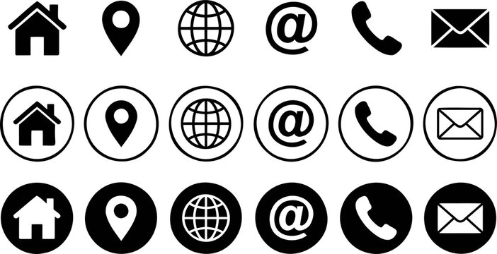 Minimalist contact icons set, black business communication symbols, 18 web UI elements for website and business card design