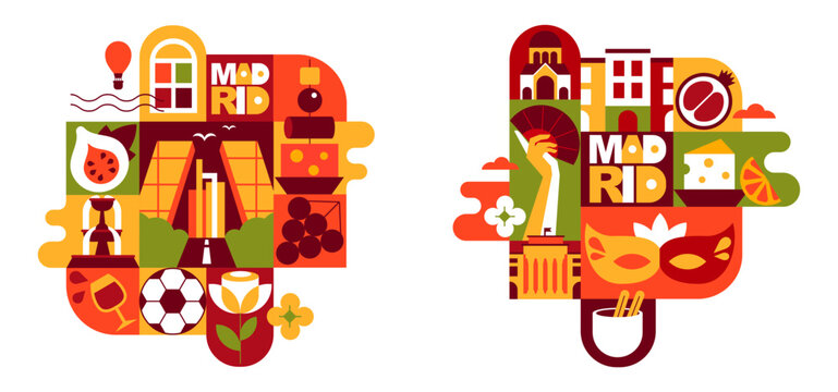 Madrid Compositions, Travel Icon Set with Spanish Geometric Vector Designs