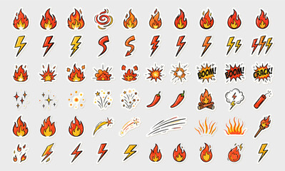 Comic style fire and lightning bolt sticker set, 60 cartoon flame and spark icons, red and yellow energy explosion symbols for gaming © Masum Mia