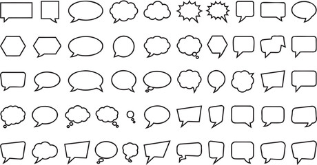 Minimalist speech bubble icons set, 50 black outline chat clouds and thought balloons, comic style dialogue boxes for social media and web design © Masum Mia