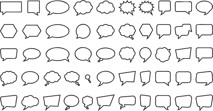 Minimalist speech bubble set, 50 outline chat icons, black and white comic thought clouds, vector communication elements for web design