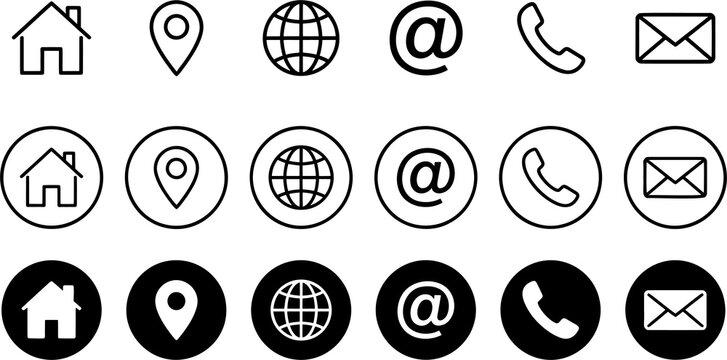 Minimalist contact icons set, black and white communication symbols, 18 business web elements for website and business card design