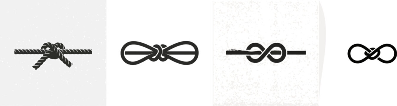 A premium black-and-white flat vector icon of a single larks head knot tied around a bar, solid black lines and fills, modern UI style, exclusive minimalist design, isolated on a pure white background