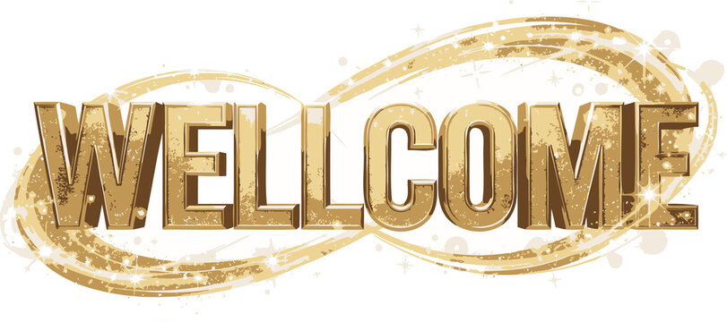 Golden 3D Wellcome text with sparkling infinity swirl, luxury metallic lettering for grand openings, elegant gold greeting sign