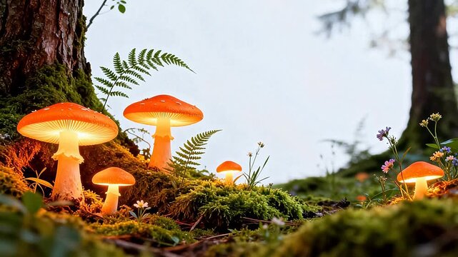 Glowing mushrooms in forest