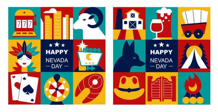 Nevada and Las Vegas Square Banner Set with Casino and Travel Icons, Flat Geometric Design