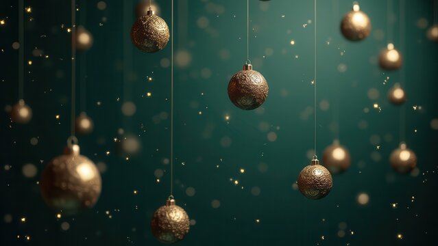overhead view of falling luxurious gold and antique metallic christmas ornaments against deep navy backdrop perfect for holiday sales advertising