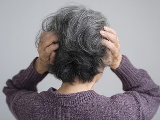 Fototapeta premium 白髪が気になる後頭部を両手で触りながら鏡を見て悩むシニア女性のライフスタイル