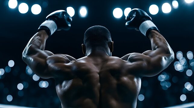 Boxer celebrating triumphant win, raising arms in success and showing powerful physique with muscular back and shoulders in a dark stadium with bright lights