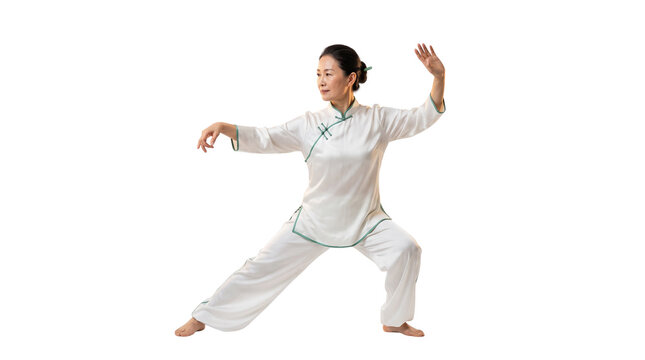 Tai chi practitioner in white silk uniform, mature Asian woman performing martial arts, qigong exercise for health and wellness isolated PNG with Transparent Background