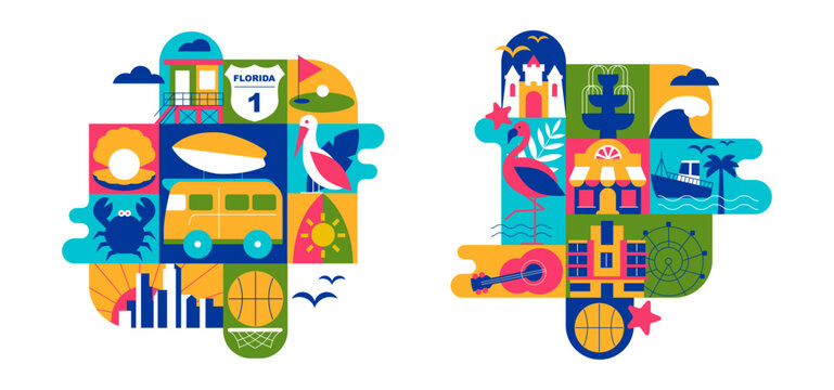 Florida Compositions. Travel Icon Set with Modular Design Elements