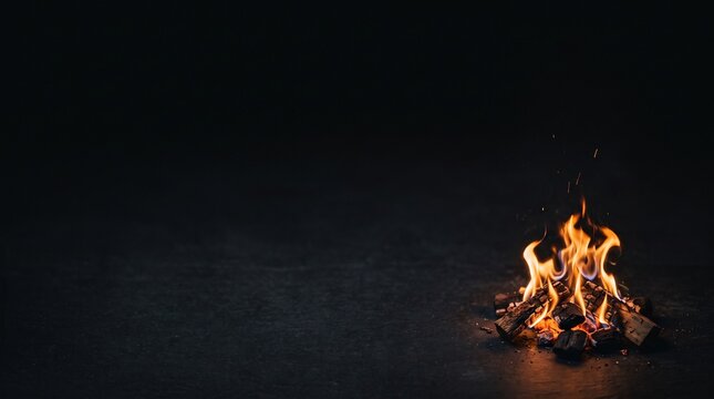 Small campfire burning in the corner on a dark background with copy space for text.