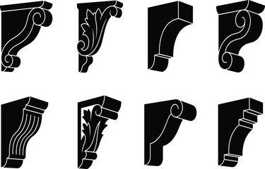 Architectural corbel silhouette designs featuring scrolls, leaf motifs, fluted details, and classical ornamental brackets © Pronab