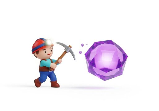 Miner character using pickaxe on large purple gemstone