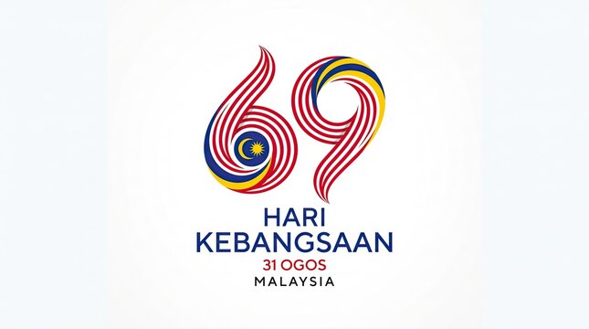 Hari Kebangsaan Malaysia 69 vector ribbon logo emblem with national flag colors for Merdeka