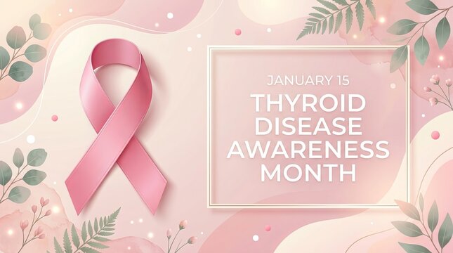 Thyroid Disease Awareness Month Background with Pink Ribbon and Watercolor Floral Elements