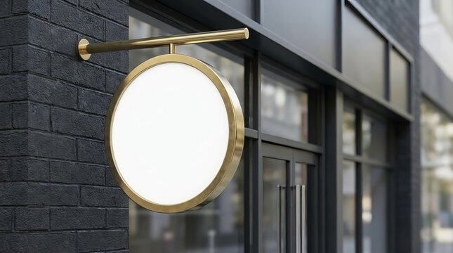 Modern blank round gold shop sign mockup on dark brick wall