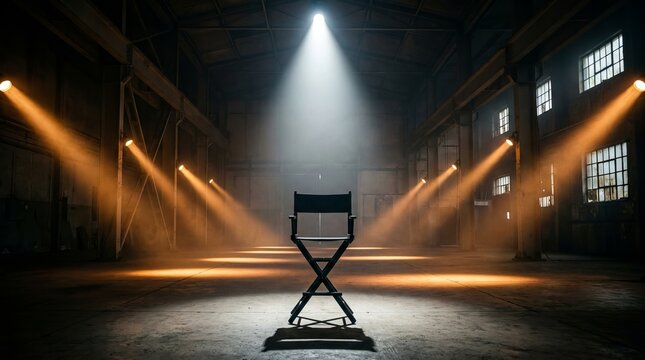 Empty Director's Chair in a Dramatic Spotlighted Industrial Studio
