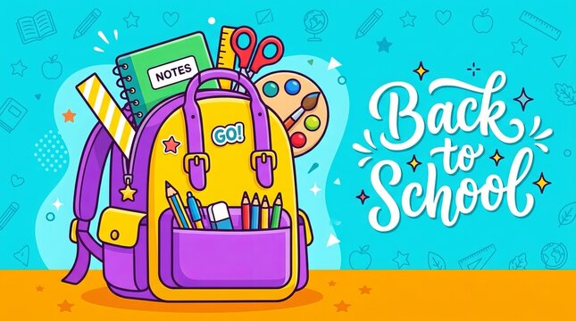 Back to School Illustration with Colorful Backpack and Stationery Supplies