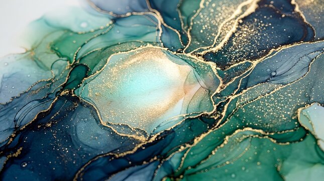 Emerald and Teal Alcohol Ink Abstract Background with Golden Shimmering Glitters