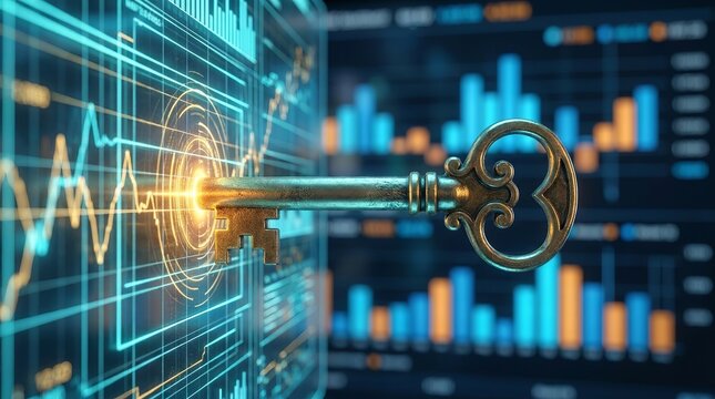 Key to Financial Success: Antique Key Unlocking Digital Stock Market Growth