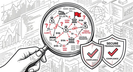 Fototapeta premium Magnifying glass over records: AML investigation, source of wealth, account review, and case escalation.