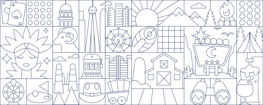 Nevada and Las Vegas Line Art Deco Banner and Seamless Pattern with Casino and Travel Symbols, Retro Geometric