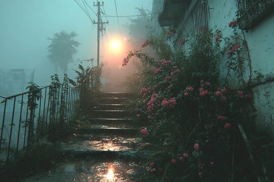Eerie Foggy Stairway - A Mystical Ascent into the Unknown.