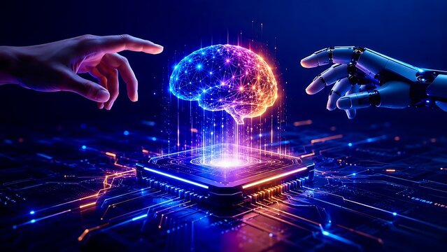 Human and robotic hands reaching for glowing artificial intelligence digital brain floating above high-tech circuit board processor and machine learning.