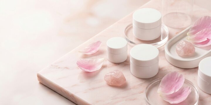Elegant Pink Beauty Flat Lay with Peonies and Quartz