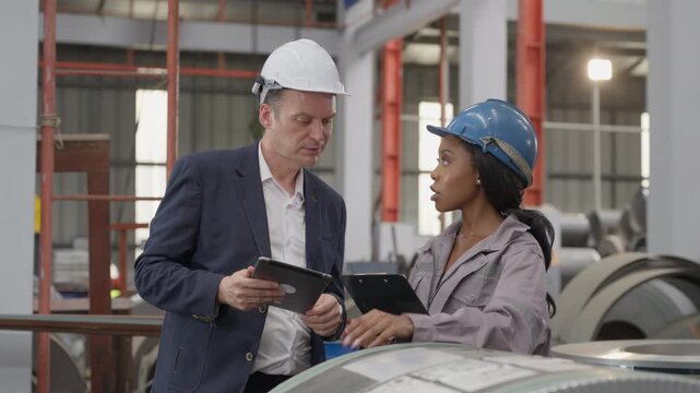 Industrial African American female engineer and factory manager wearing safety helmets review production data on tablets during a manufacturing inspection in facility.