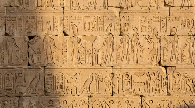 Ancient Egyptian Hieroglyphic Carvings on Temple Sandstone