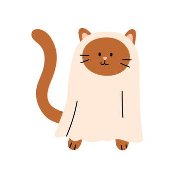 Cute funny cat in ghost costume, disguised in sheet. Adorable spooky feline animal, Halloween creepy character. Kawaii Helloween kitty pet. Flat vector illustration isolated on white background.