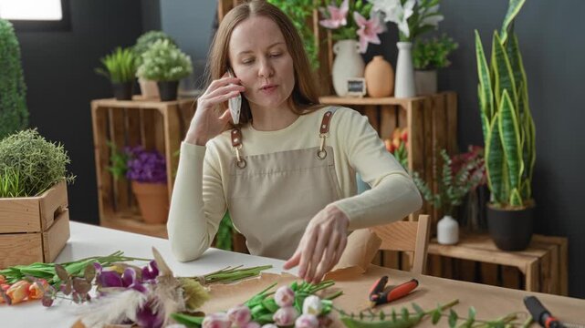 Young woman florist on phone arranging tulips and reaching for pruners while wrapping a bouquet on studio table with wooden crates and potted plants; calm focus diligence.