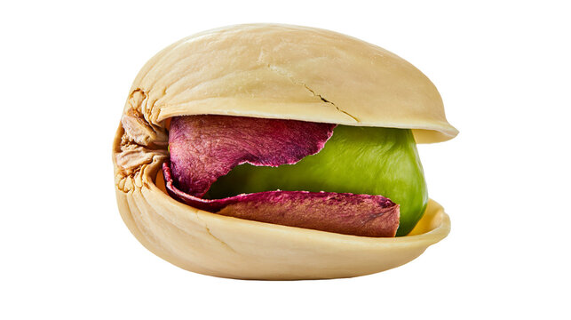 Unshelled pistachio nut with vibrant green kernel and purple skin, isolated on transparent background